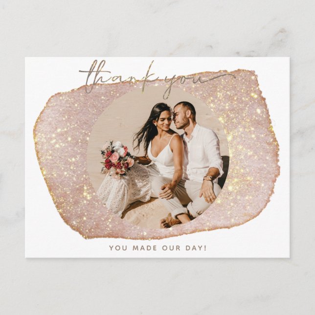 Modern Gold Blush Glitter Photo Wedding Thank You Postcard (Front)