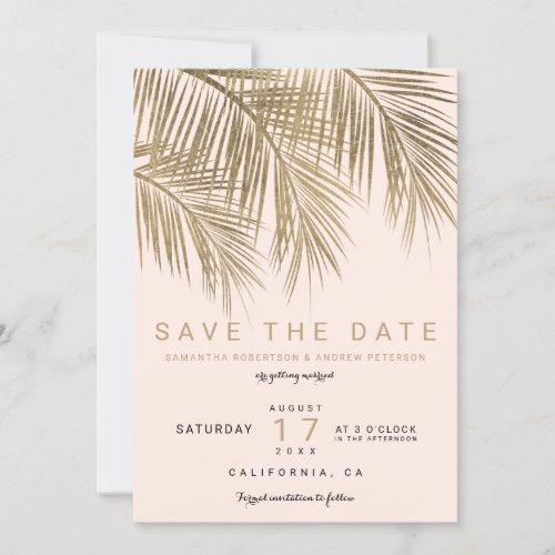 Modern gold blush palm tree elegant save the date