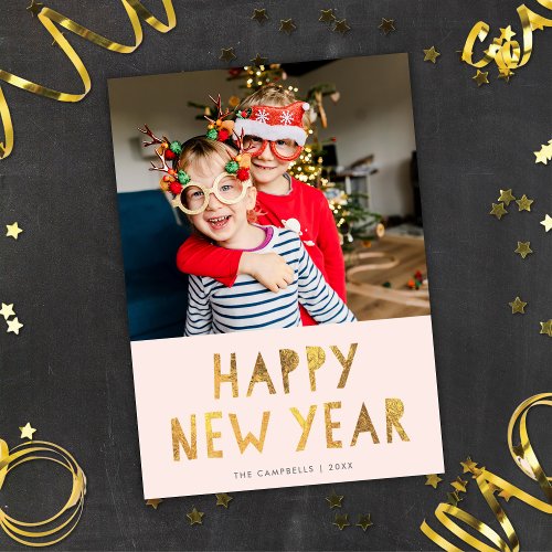 Modern Gold Blush Pink Happy New Year Photo Holiday Card