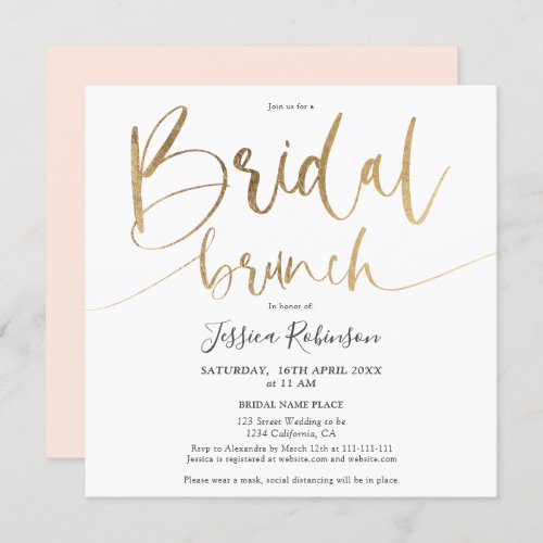 Modern gold blush pink script trendy bridal brunch invitation