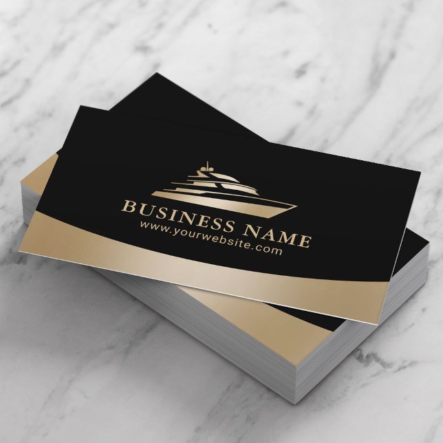 Modern Gold Boat Rentals Sales Maintenance Black Business Card (Creator Uploaded)