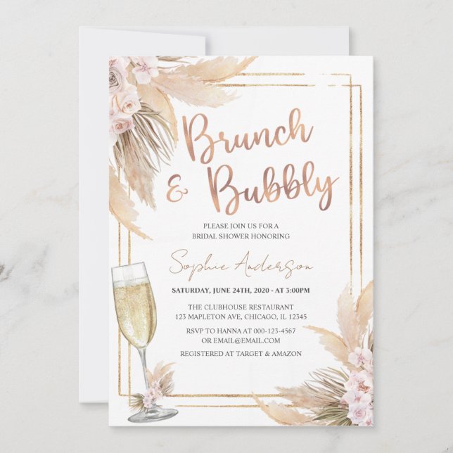 Modern Gold Bohemian Pampas Grass Bridal Shower Invitation (Front)