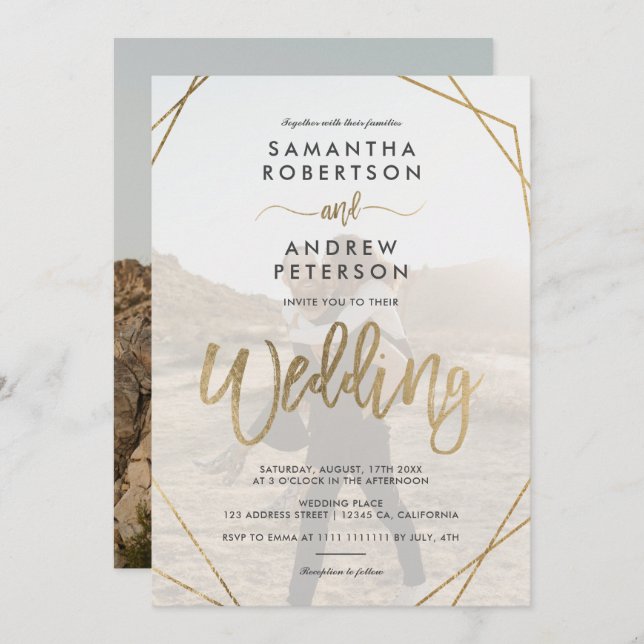 Modern gold boho frame simple photo script wedding invitation (Front/Back)