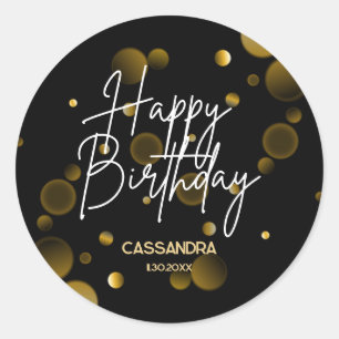 Modern Gold Bokeh Gradient Black Happy Birthday Classic Round Sticker