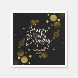 Modern Gold Bokeh Gradient Black Happy Birthday Napkins