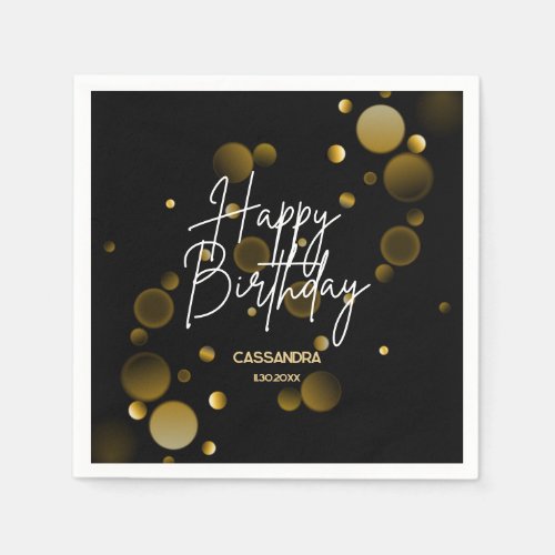 Modern Gold Bokeh Gradient Black Happy Birthday Napkins