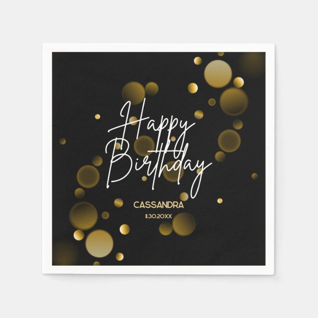 Modern Gold Bokeh Gradient Black Happy Birthday Napkins (Front)