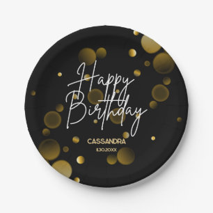 Modern Gold Bokeh Gradient Black Happy Birthday Paper Plates