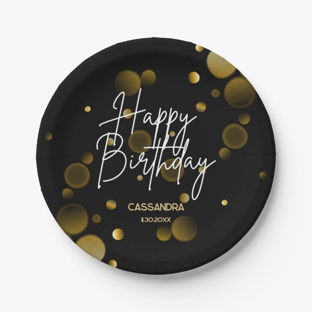 Modern Gold Bokeh Gradient Black Happy Birthday Paper Plates (Front)