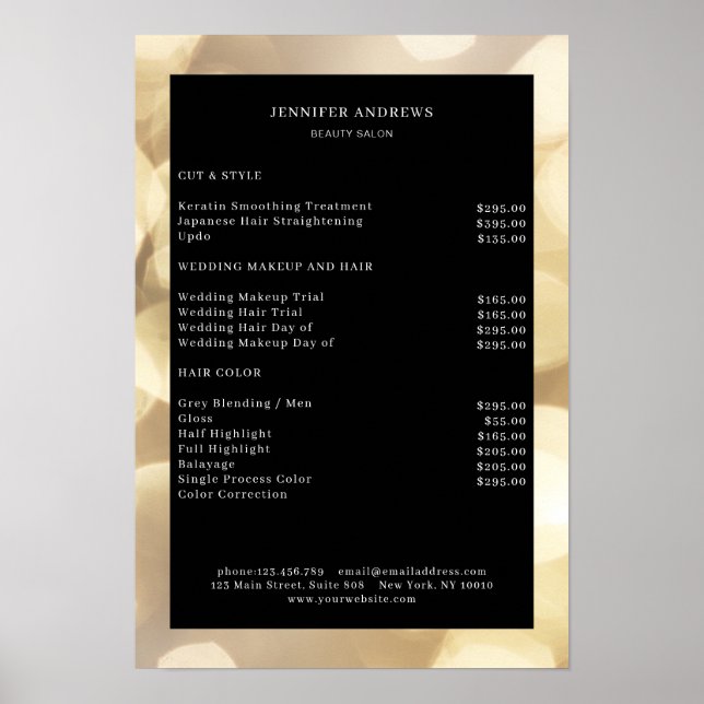 Modern Gold Bokeh Price List Poster (Front)
