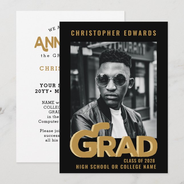 Modern Gold Bold Typography Photo Graduation Announcement (Front/Back)