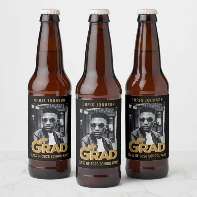 Modern Gold Bold Typography Photo Graduation Party Beer Bottle Label (Bottles)