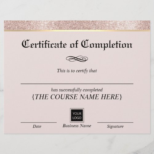 Modern Gold Border Blush Certificate of Completion