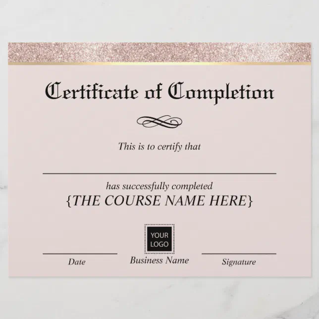 Modern Gold Border Blush Certificate Of Completion 