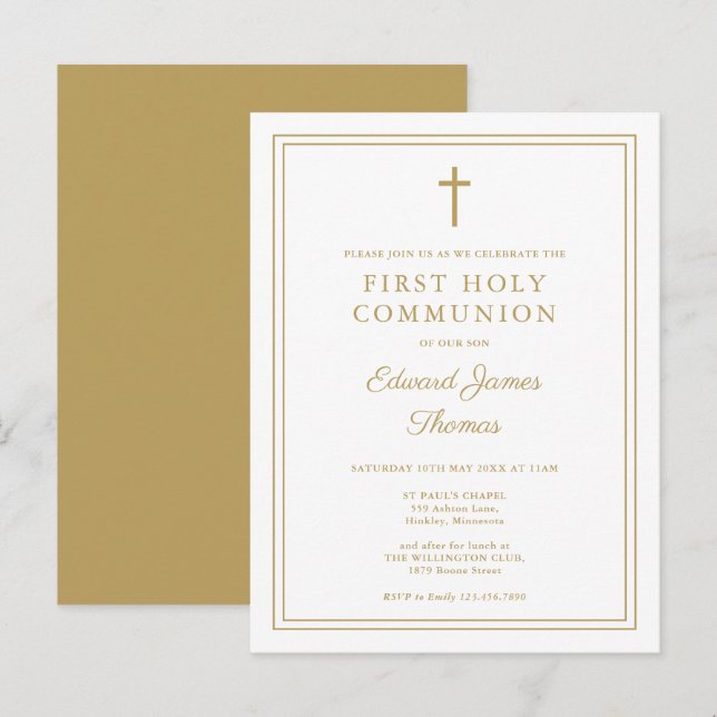 Modern Gold Border First Holy Communion Invitation Postcard (Front/Back)