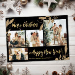 Modern Gold Botanical 4 Photo Collage Christmas Po Postcard<br><div class="desc">Elegant, Modern Black and Gold Botanical Leaves 4 Photo Collage Merry Christmas Holiday Postcard. This festive, mimimalist, whimsical four (4) photo holiday postcard template features a pretty photo collage, faux gold foil botanical leaves, winterberries and says Merry Christmas and Happy New Year! The „Merry Christmas and Happy New Year” greeting...</div>