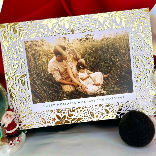 Modern Gold Botanical Floral Frame Photo Happy Foil Holiday Card