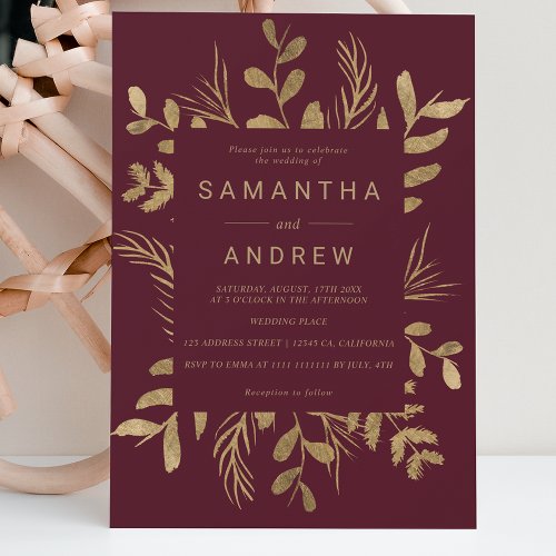 Modern gold botanical leaf red burgundy wedding invitation