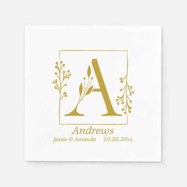 Modern Gold Botanical Letter A  Personalized  Napkins (Front)