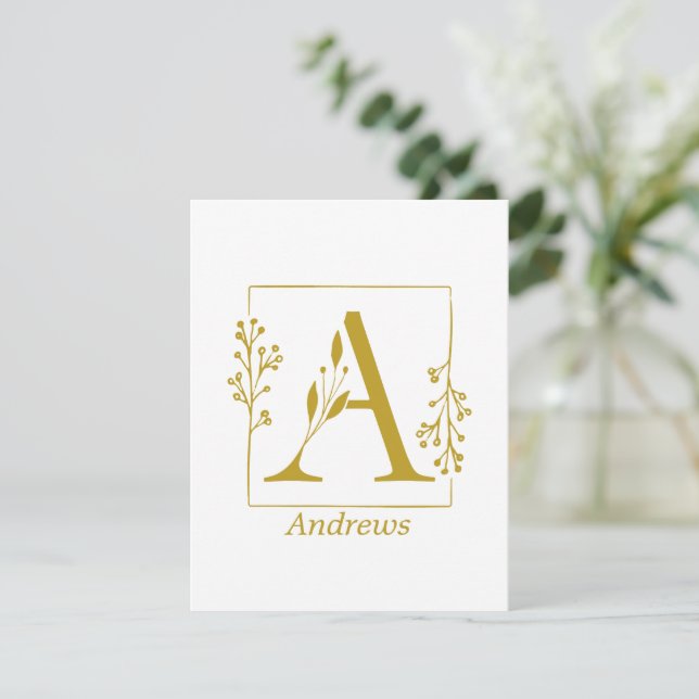 Modern Gold Botanical Letter A  Personalized  Note Card (Standing Front)