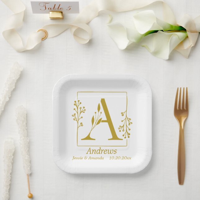 Modern Gold Botanical Letter A  Personalized   Paper Plates (Wedding)