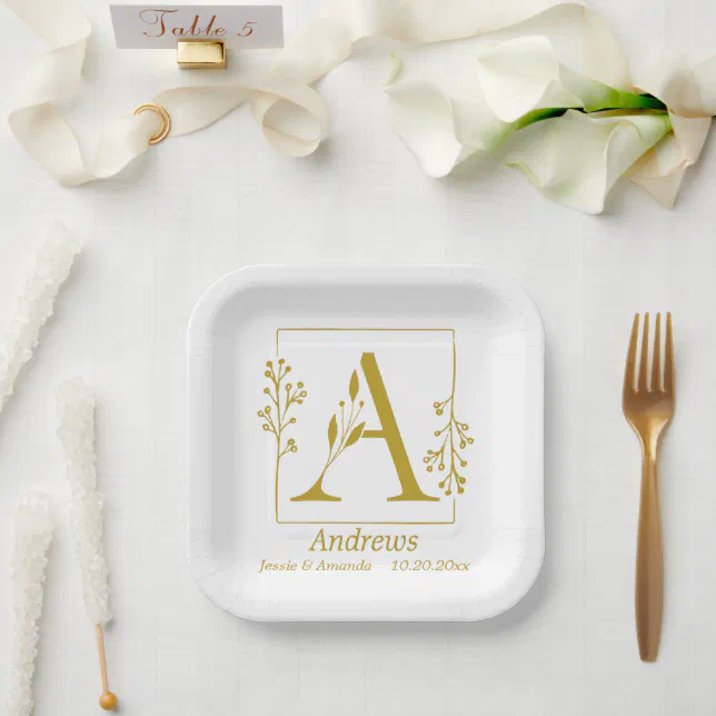Modern Gold Botanical Letter A Personalized Paper Plates | Zazzle