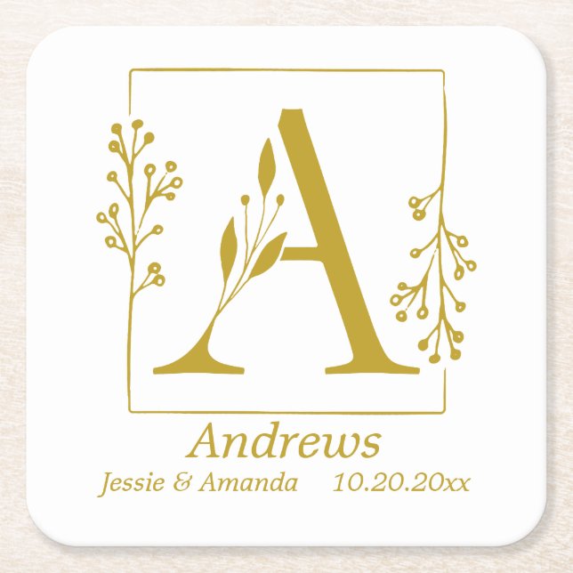 Modern Gold Botanical Letter A  Personalized   Square Paper Coaster (Front)