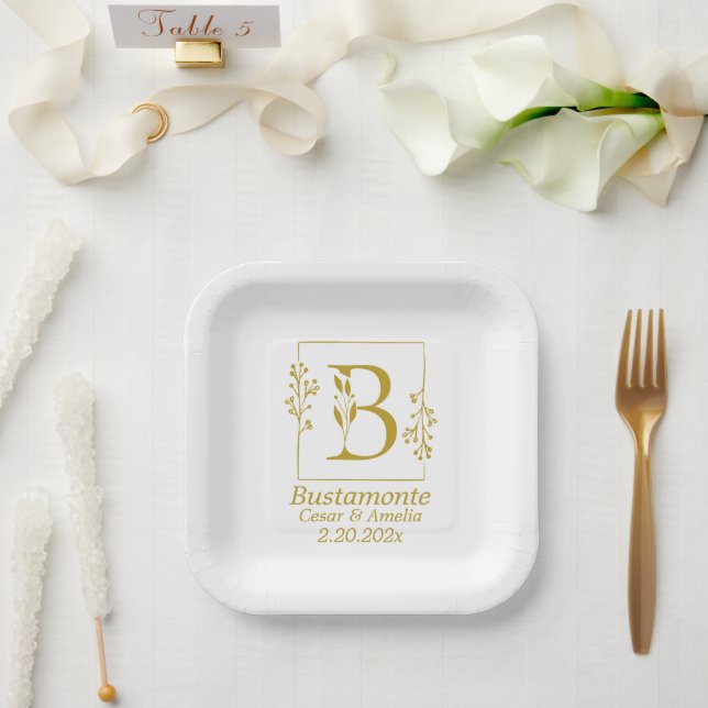 Modern Gold Botanical Letter B  Paper Plates (Wedding)