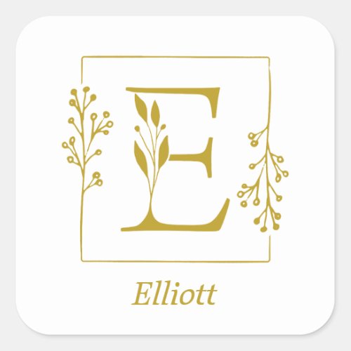 Modern Gold Botanical Letter E Square Sticker