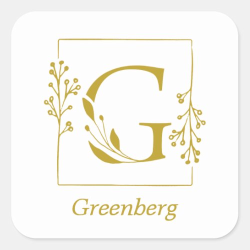 Modern Gold Botanical Letter G Square Sticker