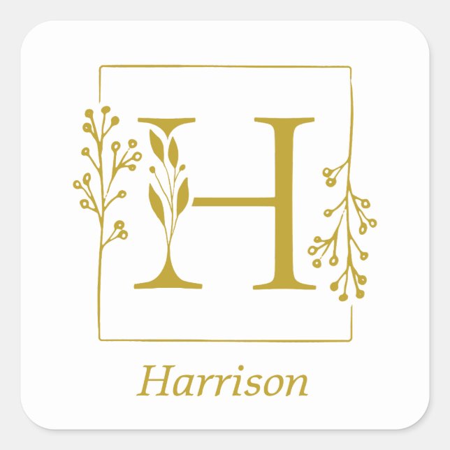 Modern Gold Botanical Letter H Square Sticker (Front)
