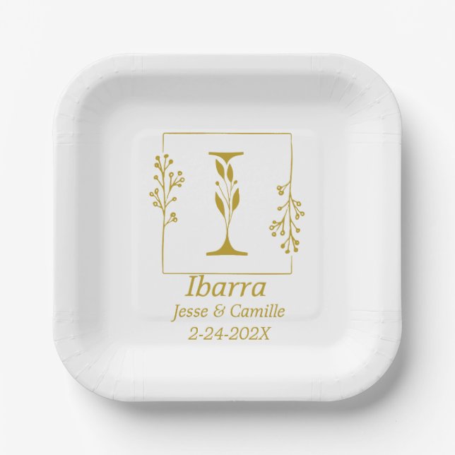 Modern Gold Botanical Letter I   Paper Plates (Front)