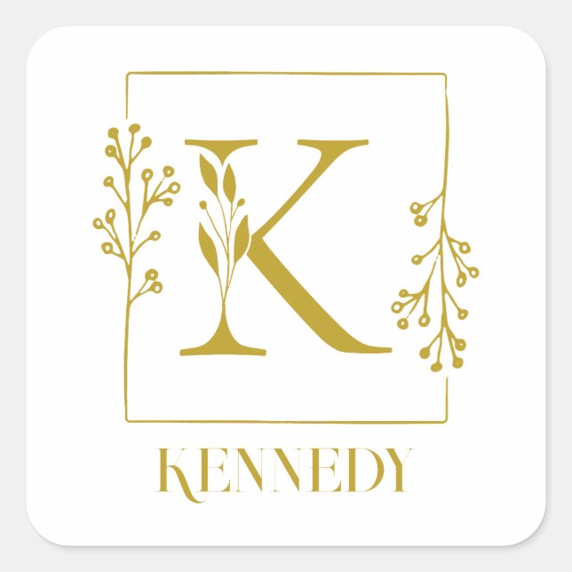 Modern Gold Botanical Monogram Letter K Square Sticker (Front)
