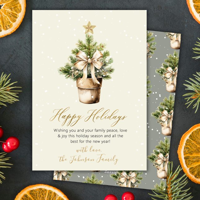 Modern Gold Bow Neutral Watercolor Christmas Tree Holiday Card (Creator Uploaded)