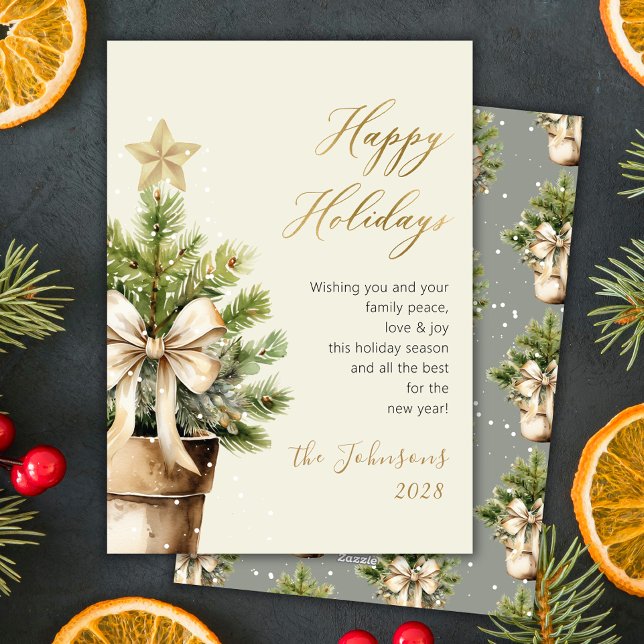 Modern Gold Bow Watercolor Christmas Tree Happy Holiday Card (Creator Uploaded)