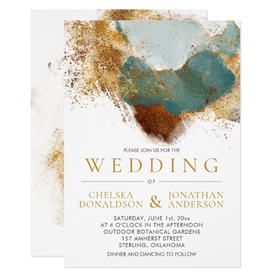 Modern Gold Bronze Teal Gold Text Wedding Invitation