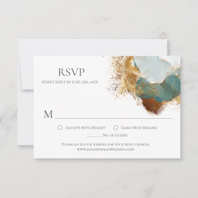 Modern Gold Bronze Teal Watercolor Wash RSVP (Front)