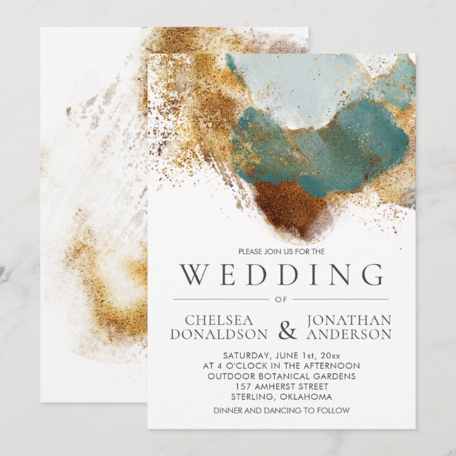 Modern Gold Bronze Teal Watercolor Wash Wedding Invitation (Front/Back)