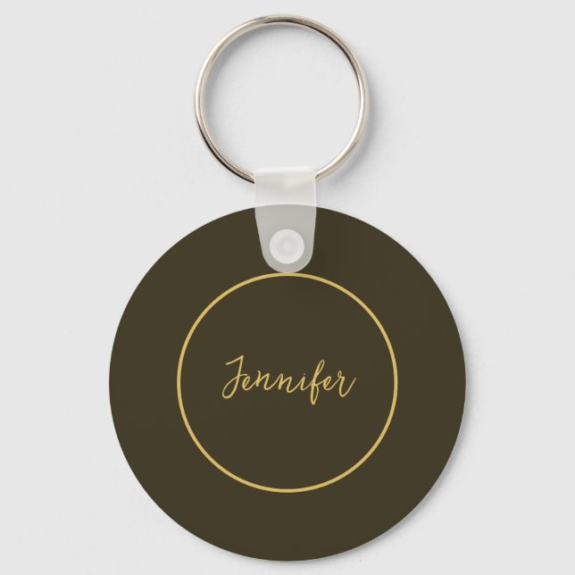 Modern Gold & Brown Color Calligraphy Plain Unique Keychain (Front)