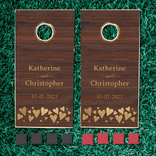Modern Gold Brown Heart Custom Bride Groom Wedding Cornhole Set