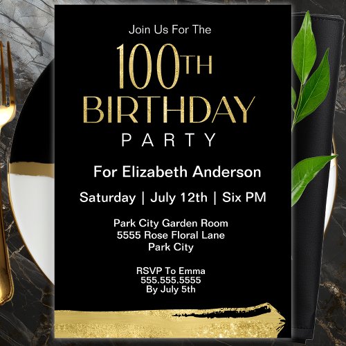 Modern Gold Brush Stroke 100th Birthday Invitation