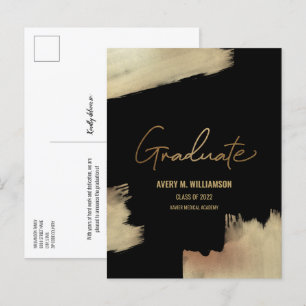 Modern Gold brush stroke black Graduate name  Announcement Postcard