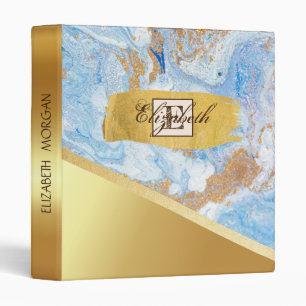 Modern Gold Brush Stroke, Blue Marble, Monogram 3 Ring Binder