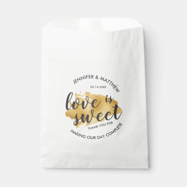 Modern Gold Brush Stroke Love is Sweet Wedding Favor Bag (Front)