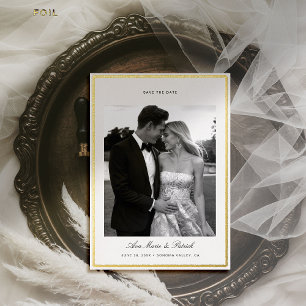 Modern Gold Brushed Frame Photo Wedding Save Date Foil Invitation