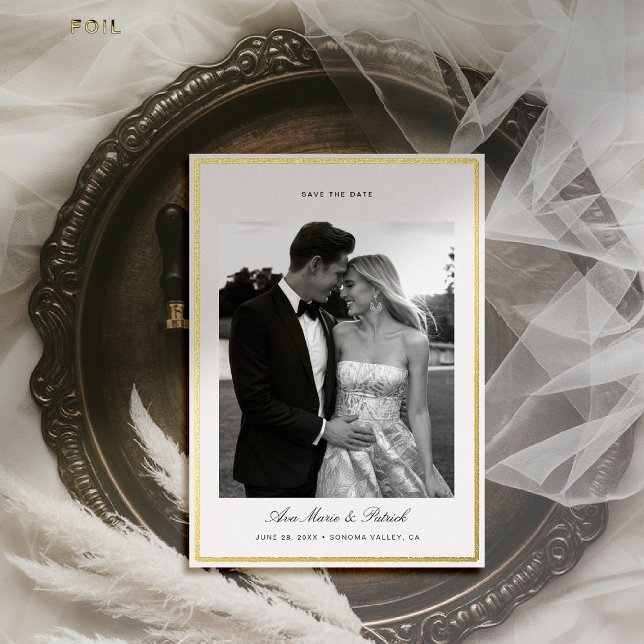 Modern Gold Brushed Frame Photo Wedding Save Date Foil Invitation (wedding photo save the date gold brushed frame formal modern classic elegant calligraphy)