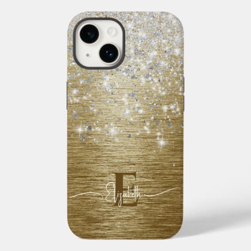 Modern Gold Brushed Metal Silver Glitter Monogram Case_Mate iPhone 14 Case