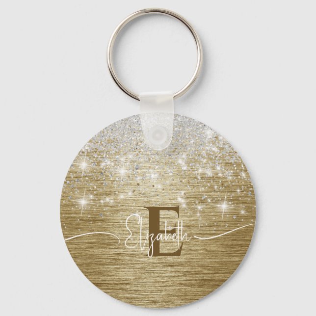 Modern Gold Brushed Metal Silver Glitter Monogram Keychain (Front)