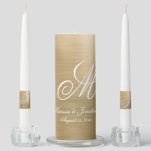 Modern Gold Brushed Metallic Monogram Wedding Unity Candle Set