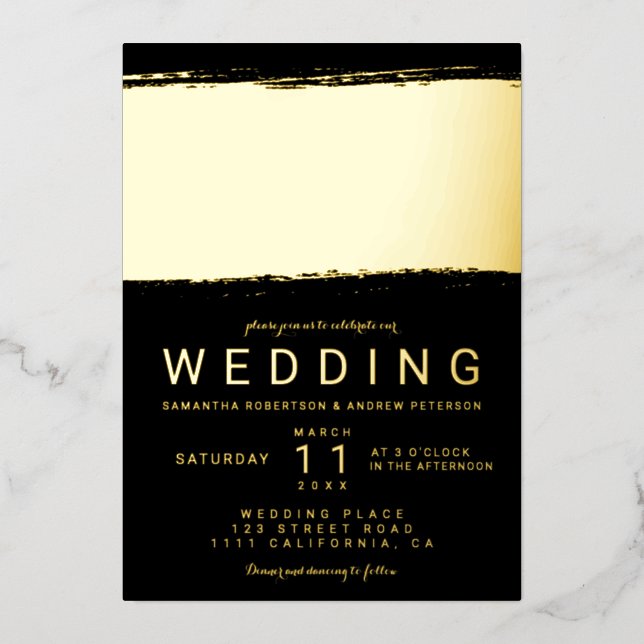Modern gold brushstroke black wedding foil invitation (Front)